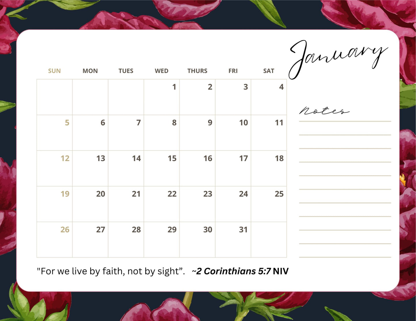 Red Floral 2025 Calendar (Letter Size)
